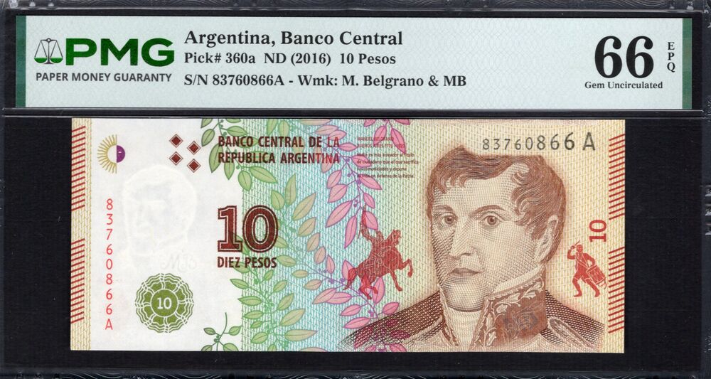 Argentinië -  10 Pesos 2016 - Pick # 360a - PMG 66 EPQ