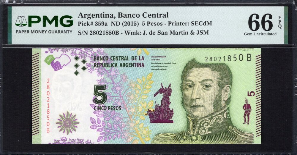 Argentinië -  5 Pesos 2015 - Pick # 359a - PMG 66 EPQ