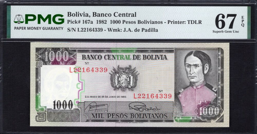 Bolivia -  1000 Pesos Bolivianos 1982 - Pick # 167a - PMG 67 EPQ