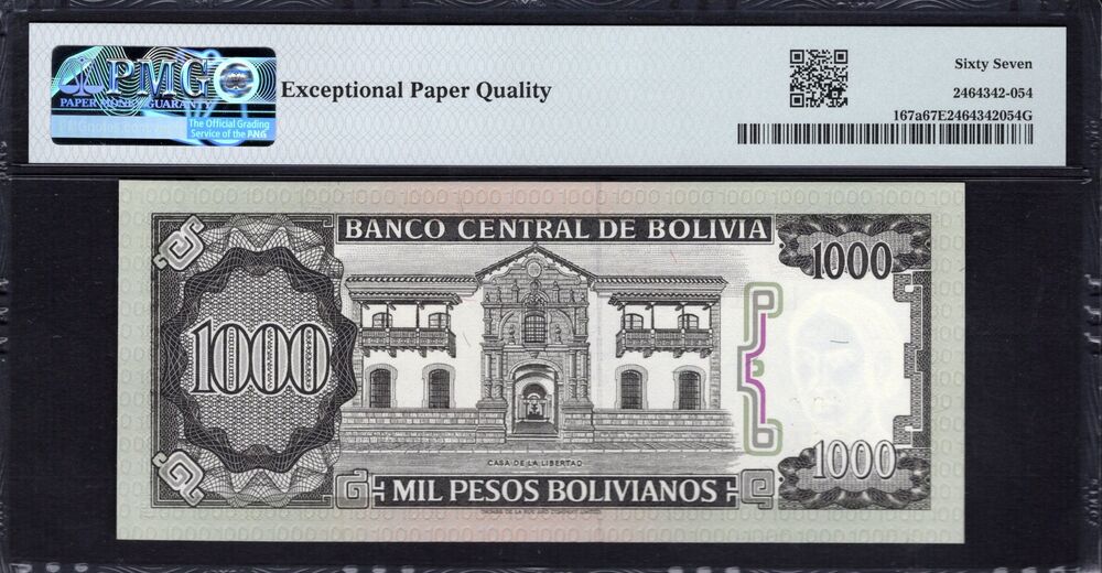 Bolivia -  1000 Pesos Bolivianos 1982 - Pick # 167a - PMG 67 EPQ