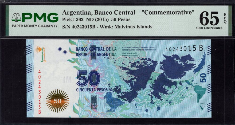 Argentinië -  50 Pesos 2015 - Pick # 362 - COMMEMORATIVE - PMG 65 EPQ