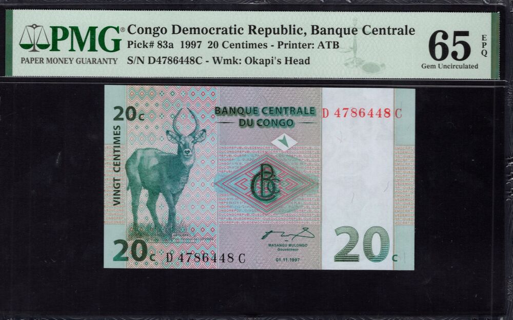 Congo Democratic Republic -  20 Centimes 1997 - Pick # 83a - PMG 65 EPQ