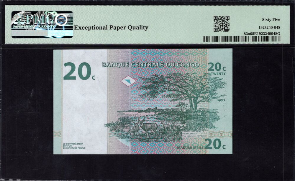 Congo Democratic Republic -  20 Centimes 1997 - Pick # 83a - PMG 65 EPQ