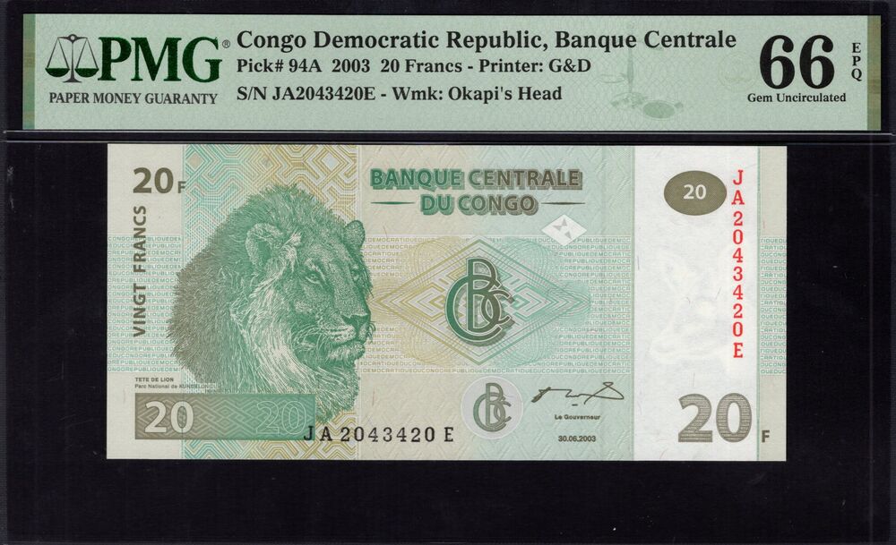 Congo Democratic Republic -  20 Francs 2003 - Pick # 94A - PMG 66 EPQ