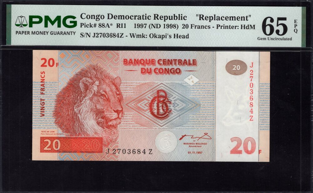 Congo Democratic Republic -  20 Francs 1997 - Pick # 88A* - PMG 65 EPQ