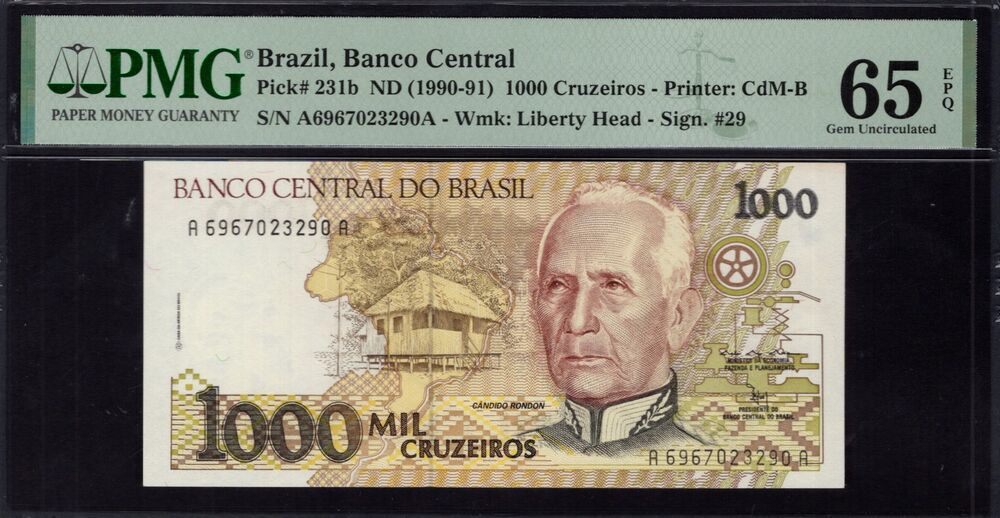 Brazil -  1000 Cruzeiros 1990 - Pick # 231b - PMG 65 EPQ