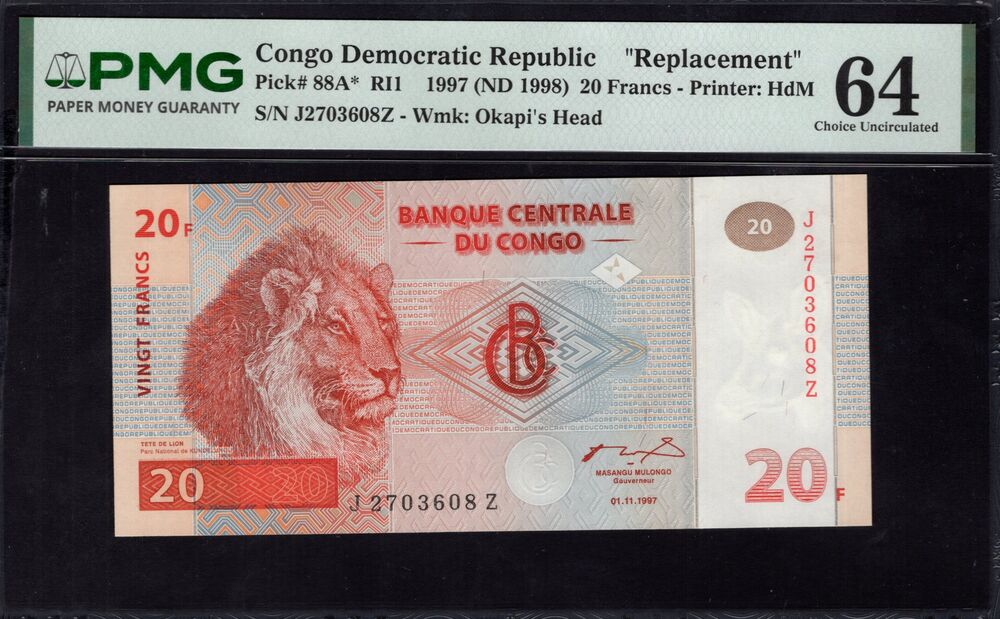 Congo Democratic Republic -  20 Francs 1997 - Pick # 88A* - PMG 64