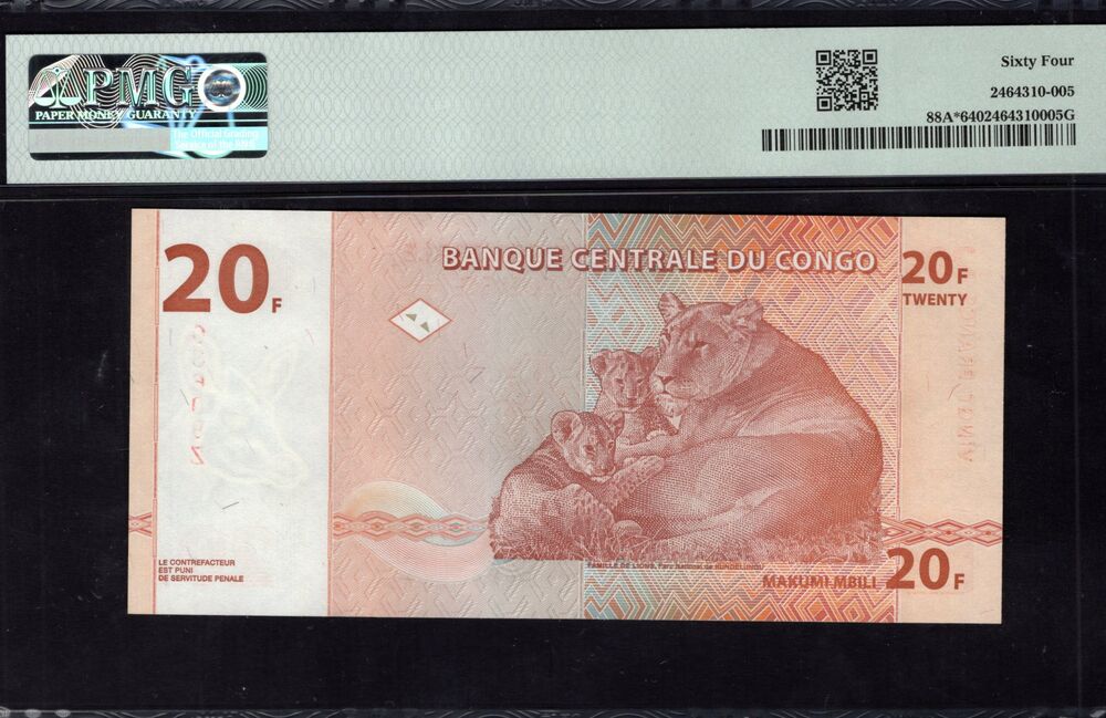Congo Democratic Republic -  20 Francs 1997 - Pick # 88A* - PMG 64