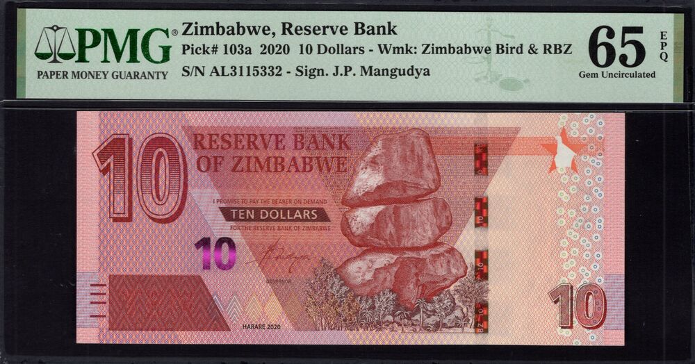 Zimbabwe -  10 Dollars 2020 - Pick # 103a - PMG 65 EPQ
