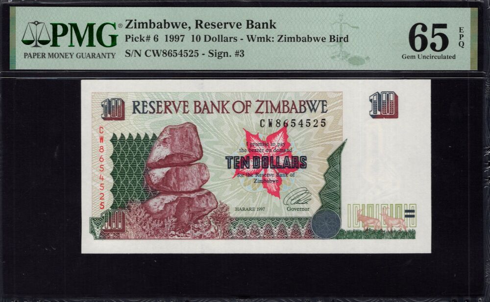 Zimbabwe -  10 Dollars 1997 - Pick # 6 - PMG 65 EPQ