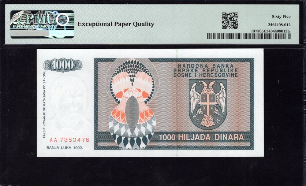 Bosnia and Herzegovina -  1000 Dinara 1992 - Pick # 137a - PMG 65 EPQ