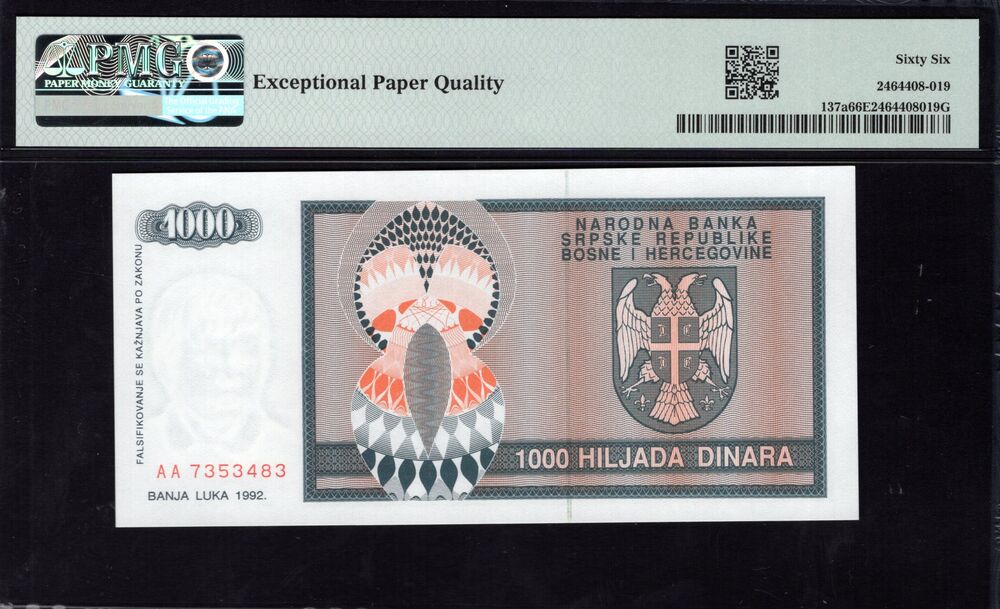 Bosnia and Herzegovina -  1000 Dinara 1992 - Pick # 137a - PMG 66 EPQ