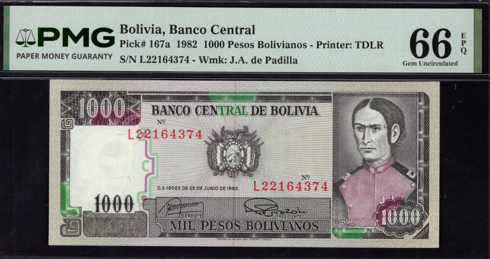 Bolivia -  1000 Pesos Bolivianos 1982 - Pick # 167a - PMG 66 EPQ