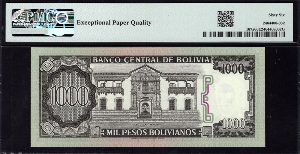 Bolivia -  1000 Pesos Bolivianos 1982 - Pick # 167a - PMG 66 EPQ