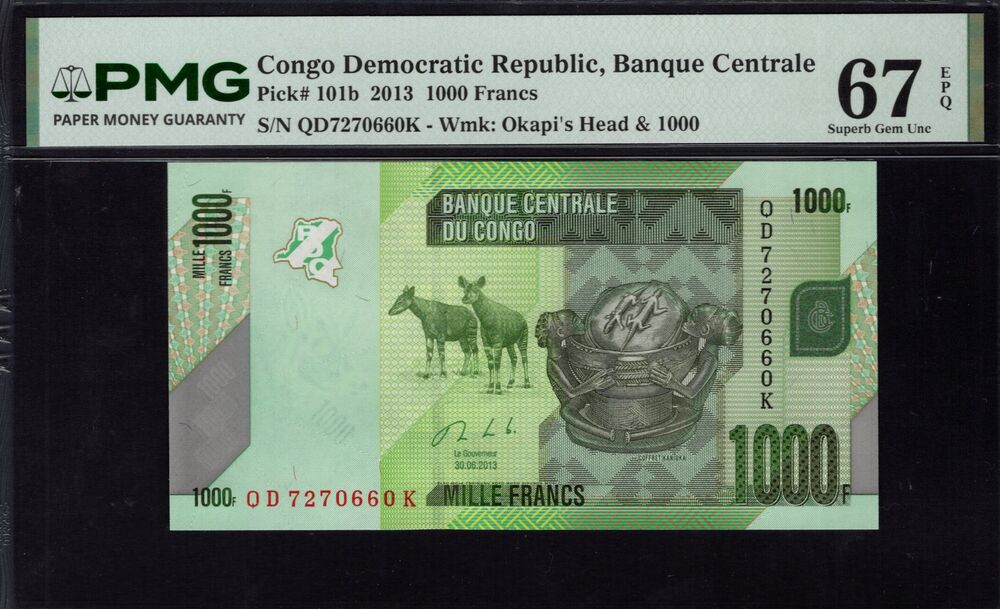 Congo Democratic Republic -  1000 Francs 2013 - Pick # 101b - PMG 67 EPQ