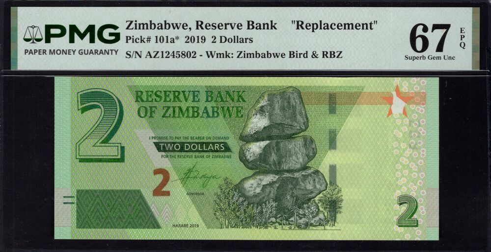 Zimbabwe -  2 Dollars 2019 - Pick # 101a* - PMG 67 EPQ