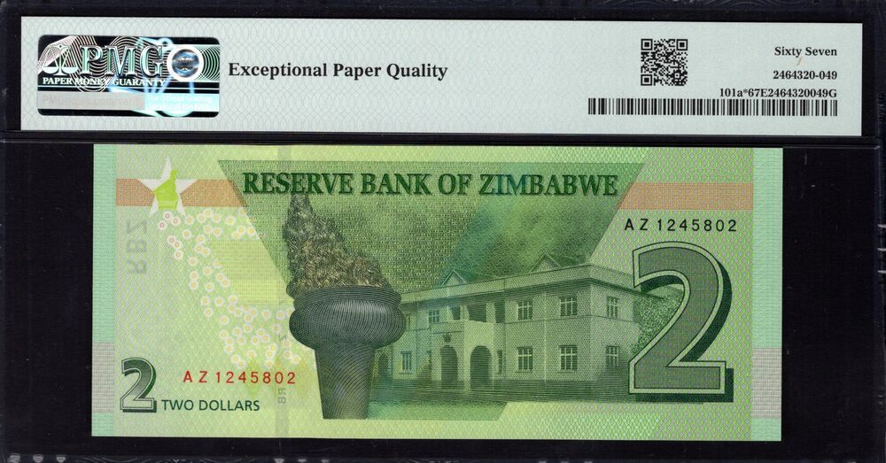 Zimbabwe -  2 Dollars 2019 - Pick # 101a* - PMG 67 EPQ