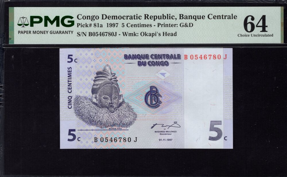 Congo Democratic Republic -  5 Centimes 1997 - Pick # 81a - PMG 64