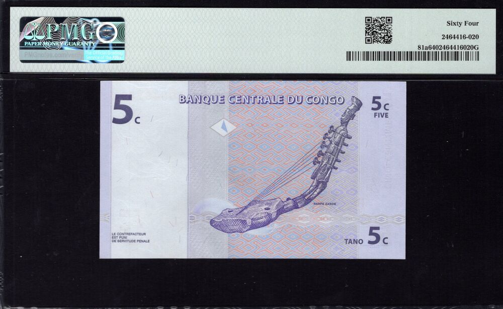 Congo Democratic Republic -  5 Centimes 1997 - Pick # 81a - PMG 64