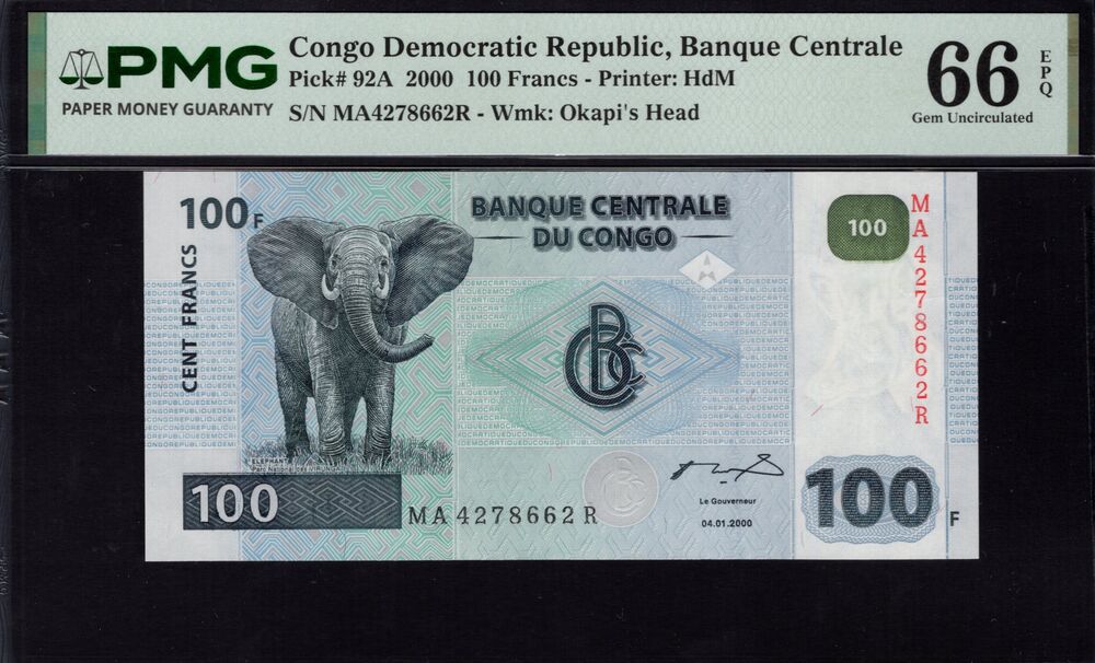 Congo Democratic Republic -  100 Francs 2000 - Pick # 92A - PMG 66 EPQ