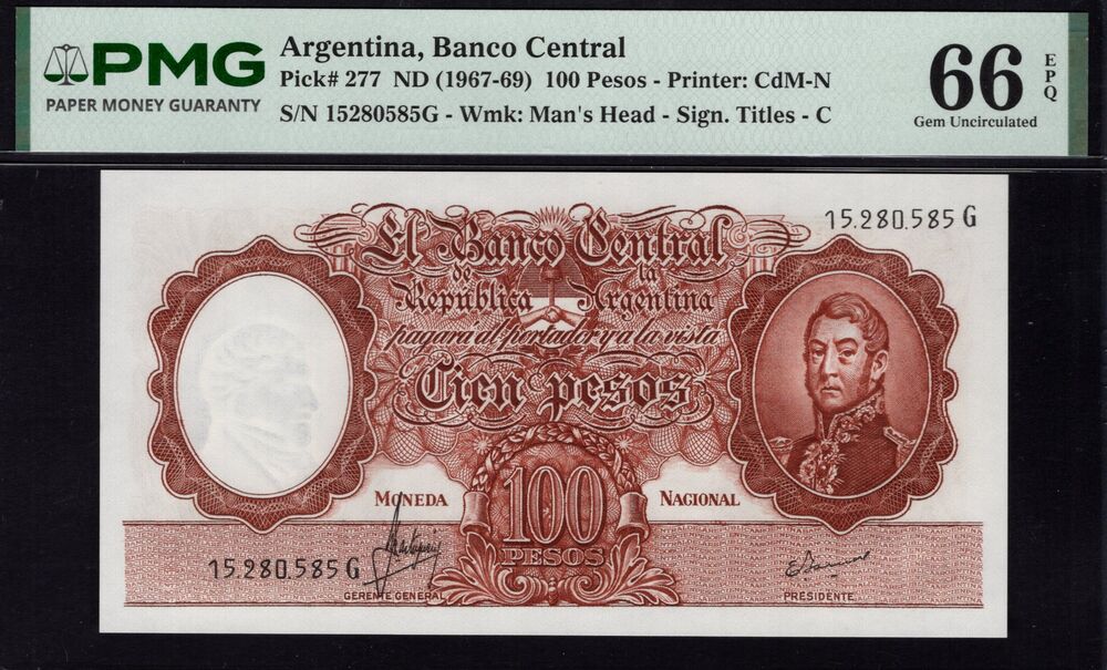 Argentina - 100 Pesos 1967 - Pick # 277 - PMG 66 EPQ