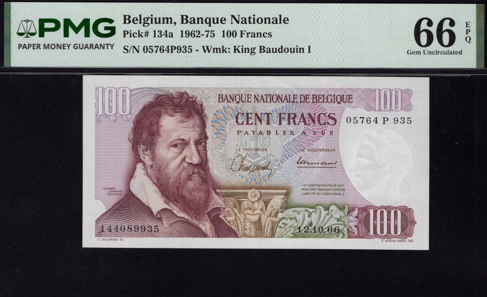 Belgium - 100 Francs 1962 - pick # 134a - PMG 66 EPQ