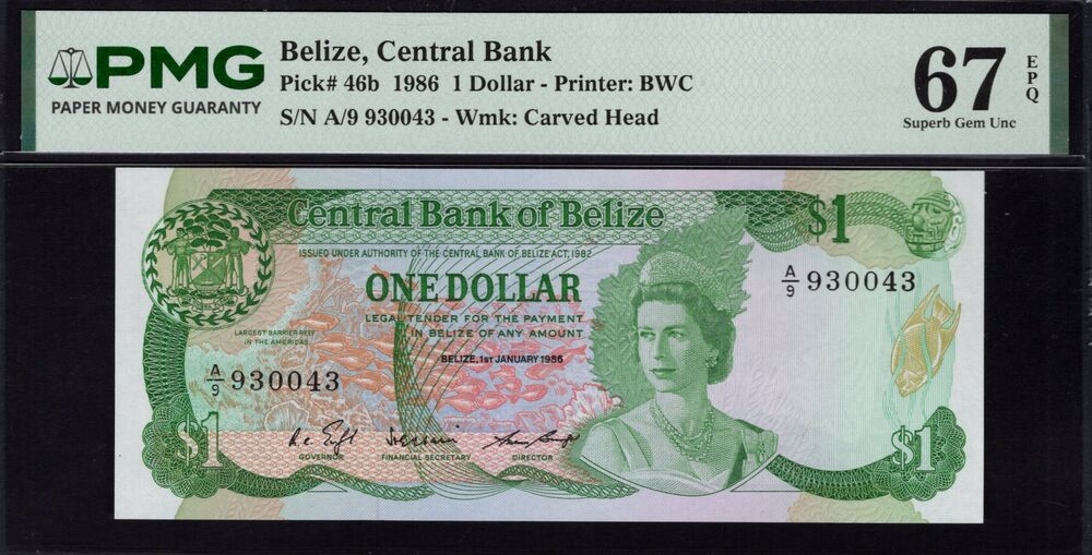 Belize - 1 Dollar 1986 - Pick # 46b - PMG 67 EPQ