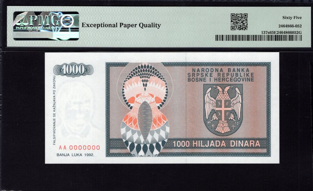 Bosnia and Herzegovina - 1000 Dinara 1992 - Pick # 137s - PMG 65 EPQ
