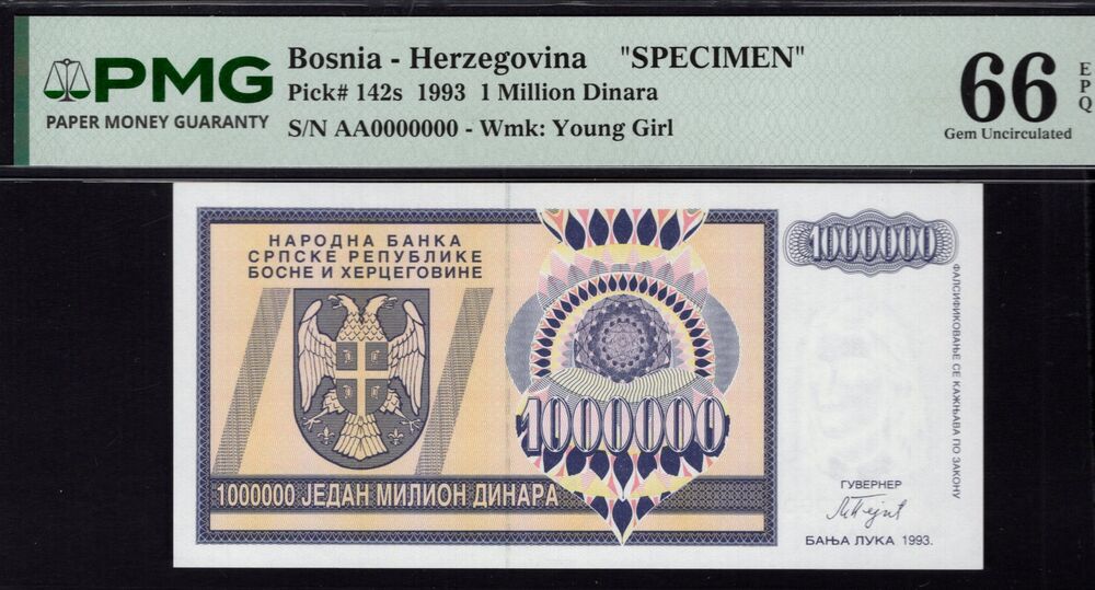Bosnia and Herzegovina - 1 Million Dinara 1993 - Pick # 142s - PMG 66 EPQ