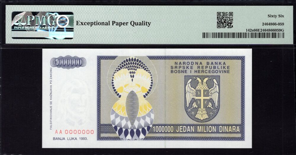 Bosnia and Herzegovina - 1 Million Dinara 1993 - Pick # 142s - PMG 66 EPQ