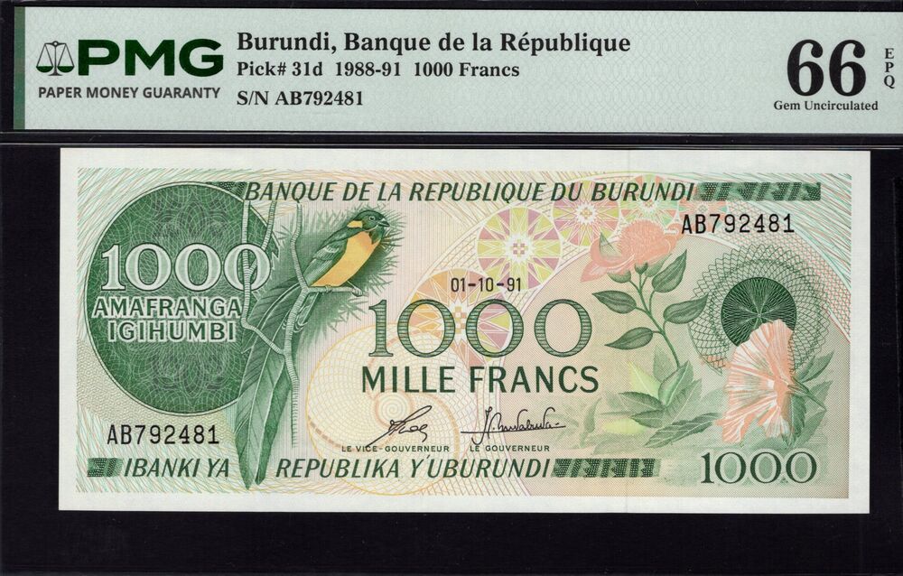 Burundi - 1000 Francs 1988 - Pick # 31d - PMG 66 EPQ