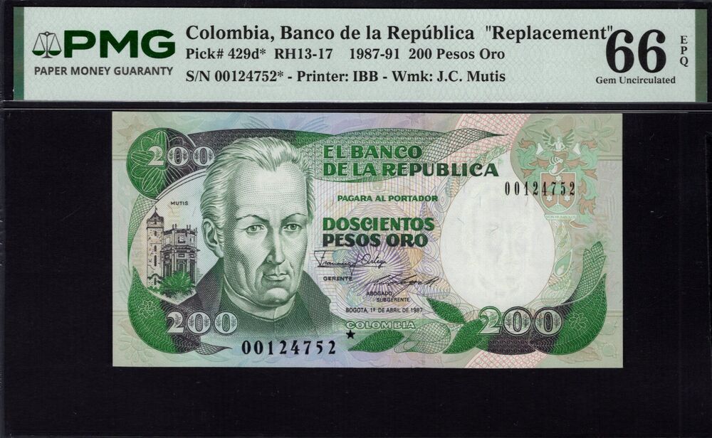 Colombia - 200 Pesos Oro 1987 - Pick # 429d* - PMG 66 EPQ