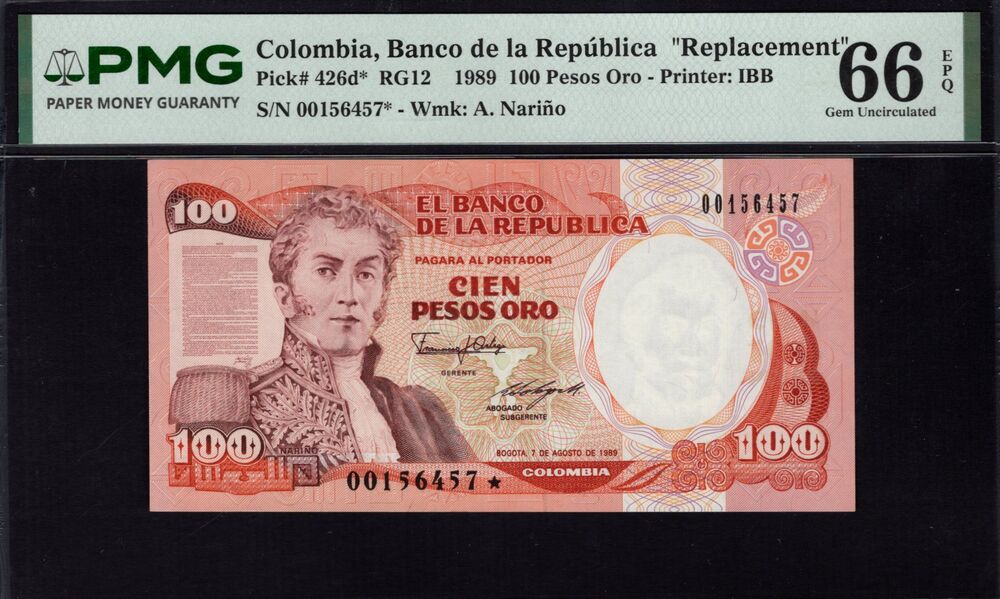 Colombia - 100 Pesos Oro 1989 - Pick # 426d* - PMG 66 EPQ