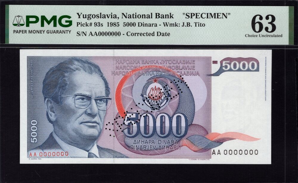 Yugoslavia - 5000 Dinara 1985 - Pick # 93s - PMG 63