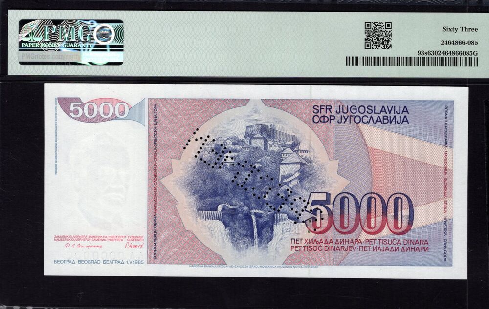 Yugoslavia - 5000 Dinara 1985 - Pick # 93s - PMG 63