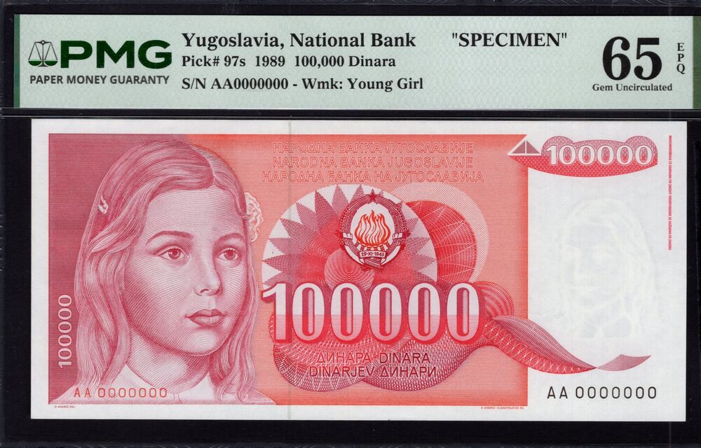 Yugoslavia - 100.000 Dinara 1989 - Pick # 97s - PMG 65 EPQ