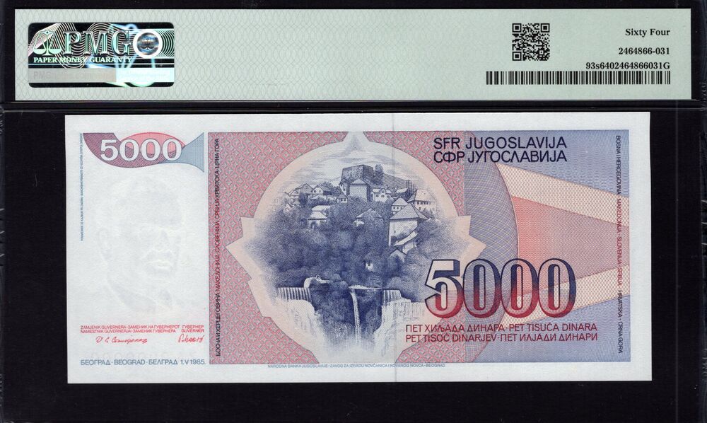 Yugoslavia - 5000 Dinara 1985 - Pick # 93s - PMG 64