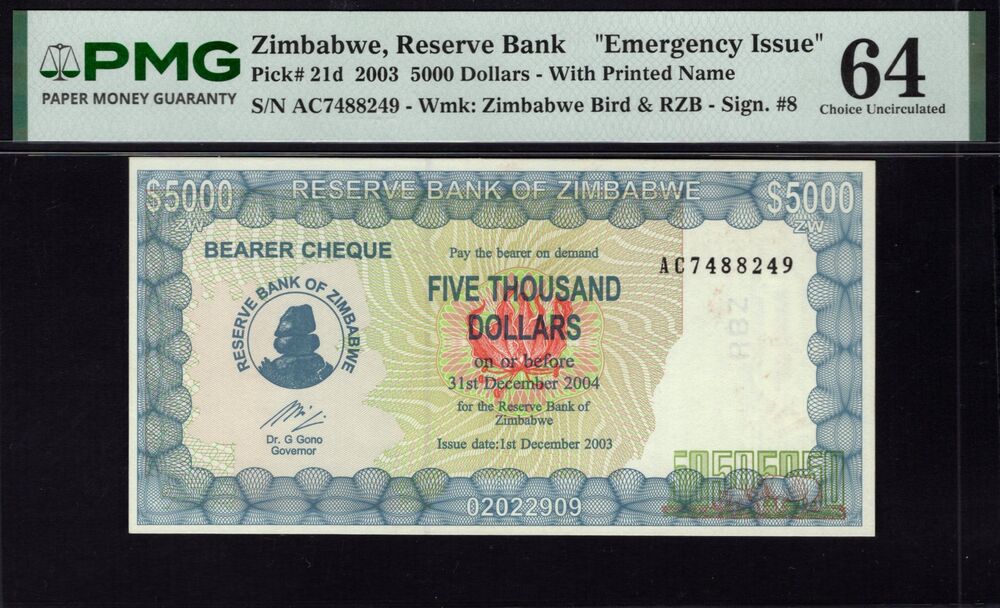 Zimbabwe - 5000 Dollars 2003 - Pick # 21d - PMG 64