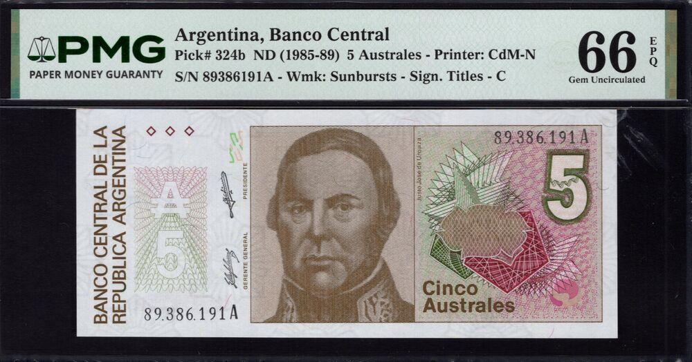 Argentinië - 5 Australes 1985 - Pick # 324b - PMG 66 EPQ