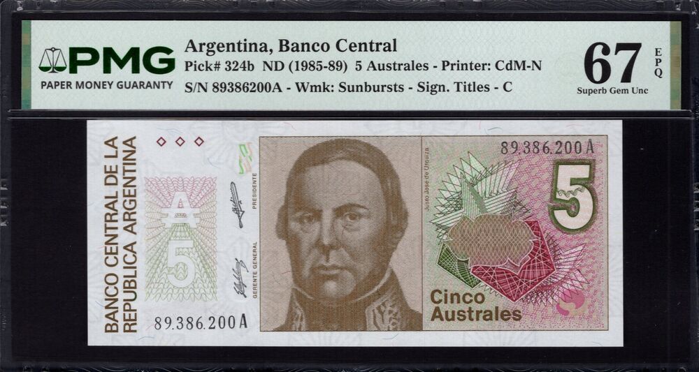 Argentinië - 5 Australes 1985 - Pick # 324b - PMG 67 EPQ