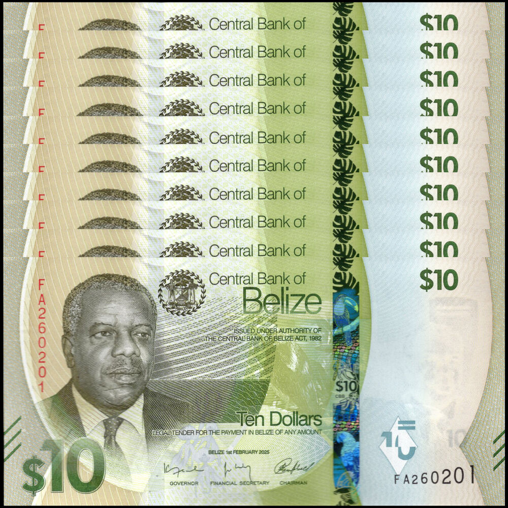 Belize -  10 Dollars 2025 - Pick # NEW - Set 10 PCS