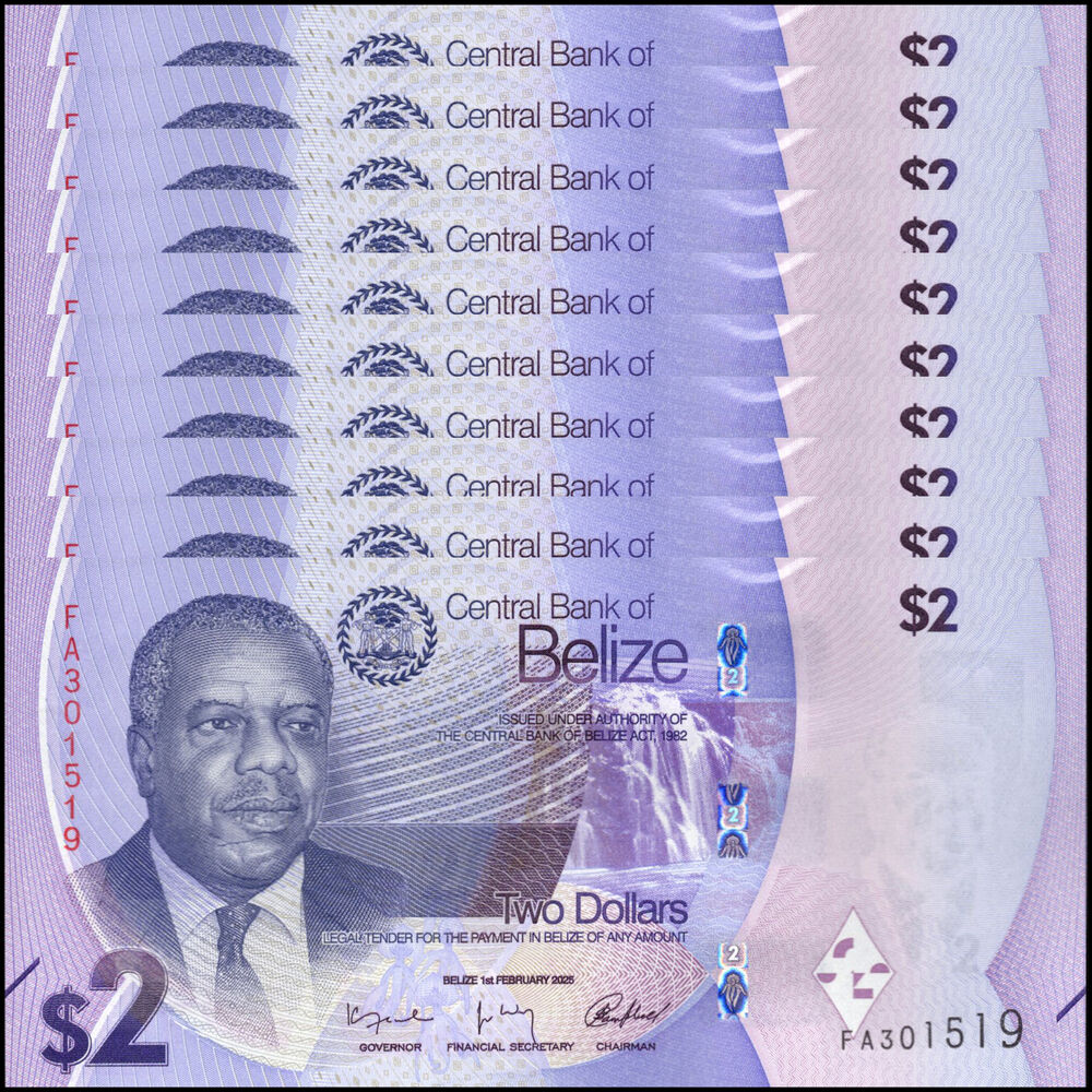Belize -  2 Dollars 2025 - Pick # NEW - Set 10 PCS