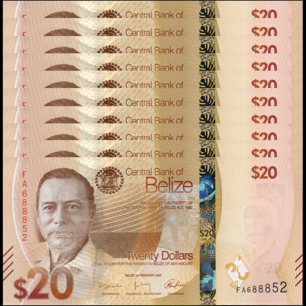 Belize -  20 Dollars 2025 - Pick # NEW - Set 10 PCS