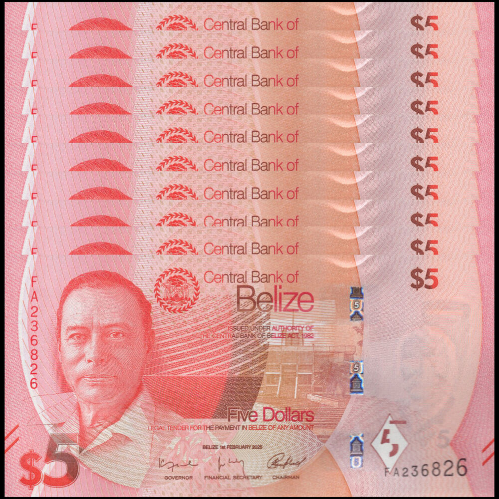 Belize -  5 Dollars 2025 - Pick # NEW - Set 10 PCS
