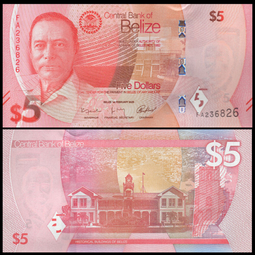 Belize -  5 Dollars 2025 - Pick # NEW - Set 10 PCS