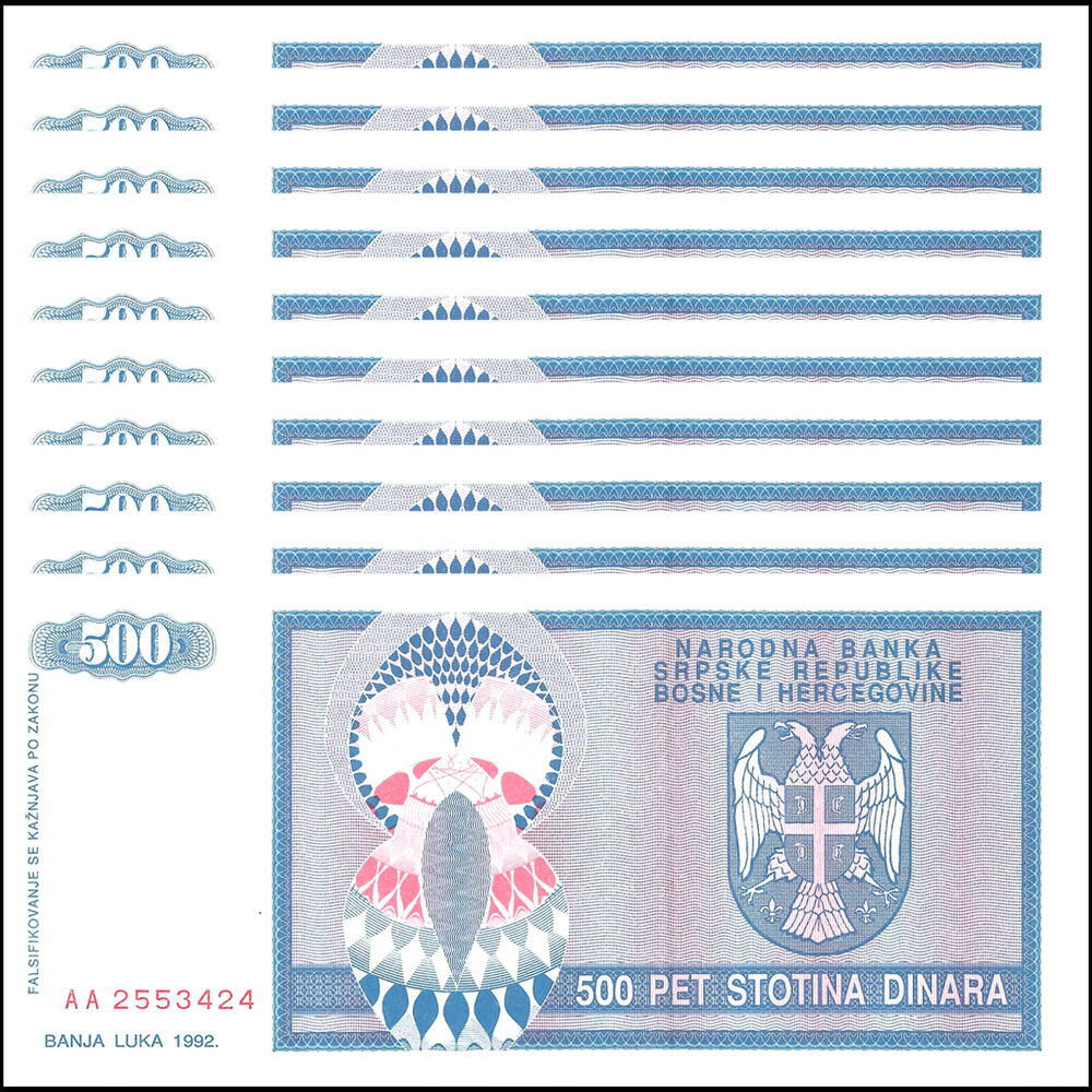 Bosnia and Herzegovina - 500 Dinara 1992 - Pick- 136 - Set 10 PCS