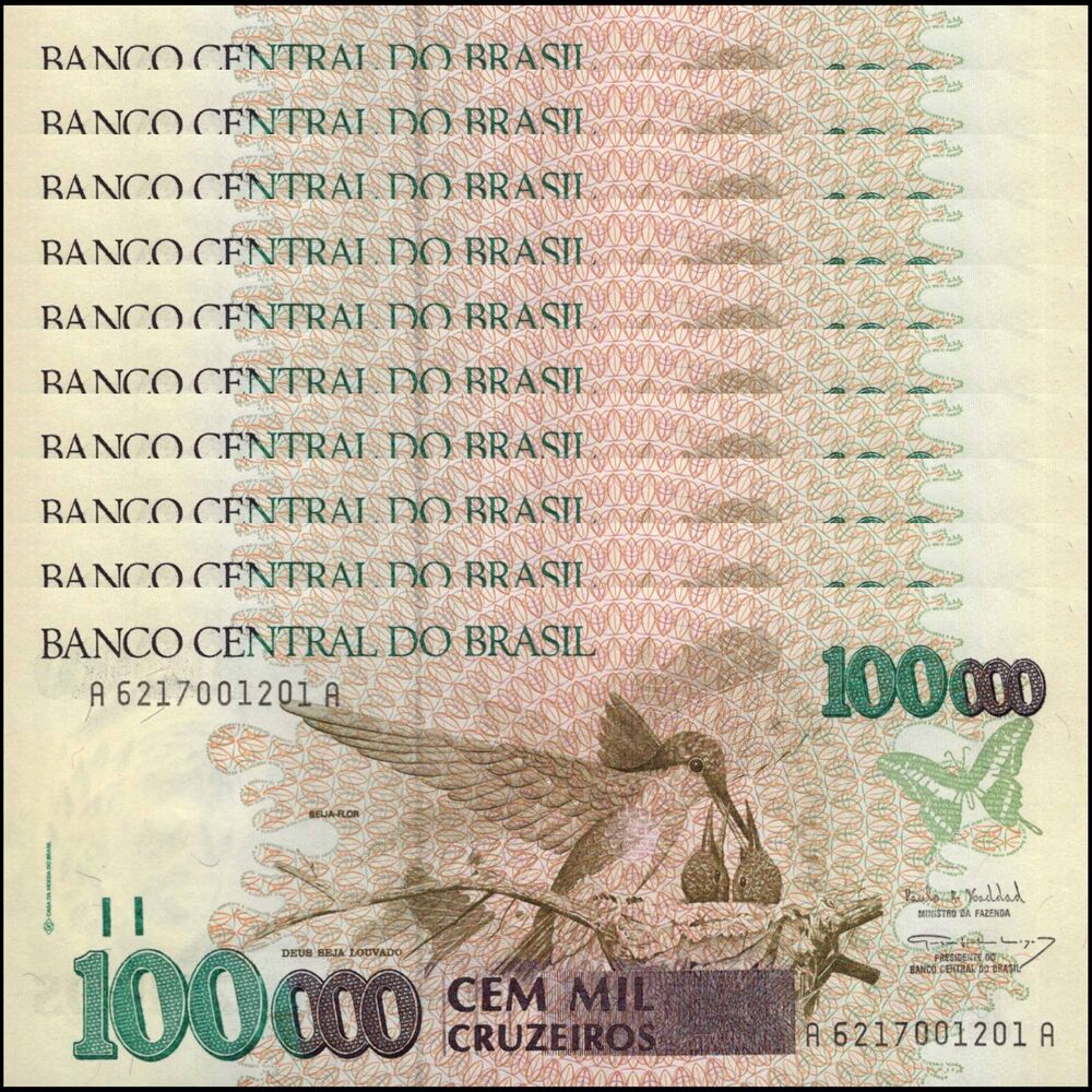 Brazil -  100.000 Cruzeiros 1992 - Pick # 235b - Set 10 PCS