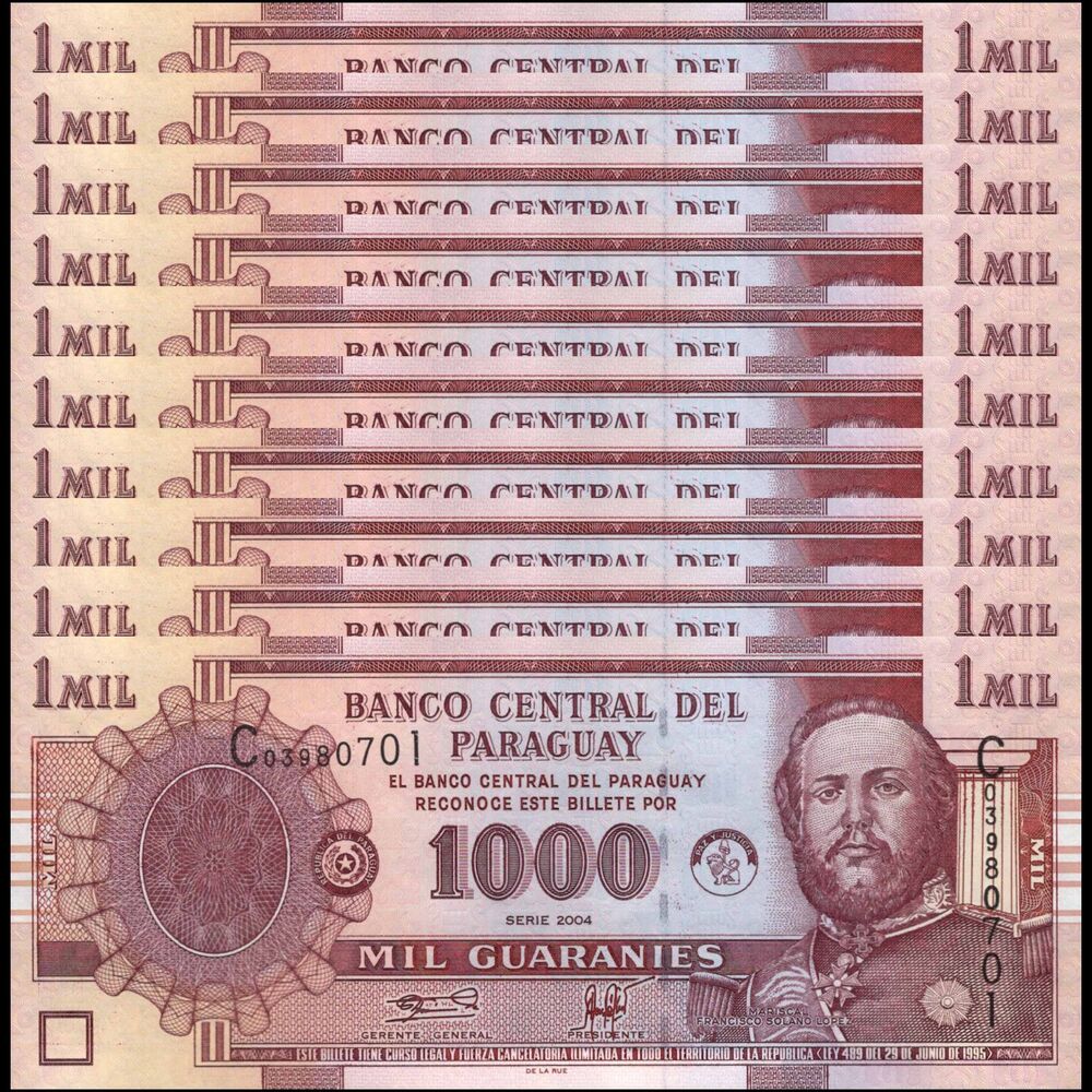 Paraguay -  1000 Guaranies 2004 - Pick # 222a - Set 10 PCS