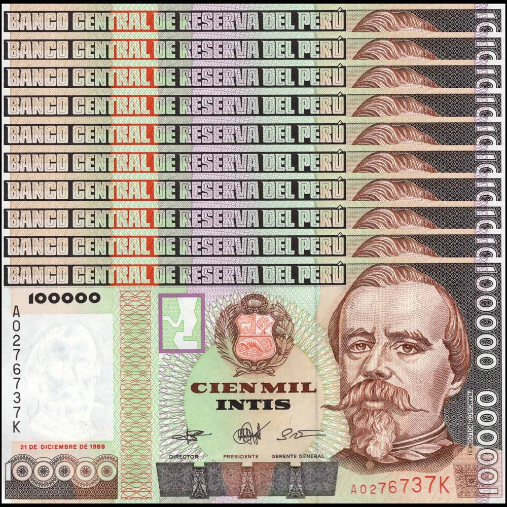 Peru -  100.000 Intis 1989 - Pick # 145 - Set 10 PCS