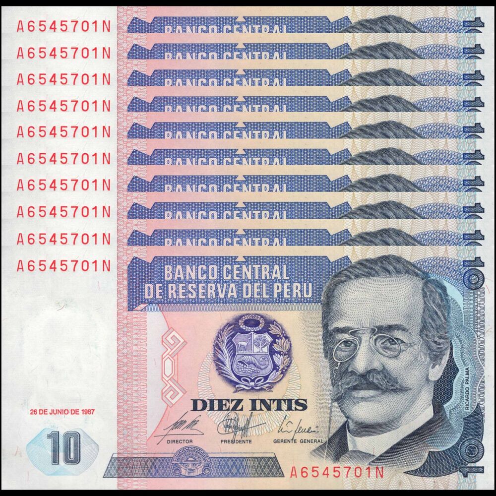 Peru -  10 Intis 1987 - Pick # 129 - Set 10 PCS
